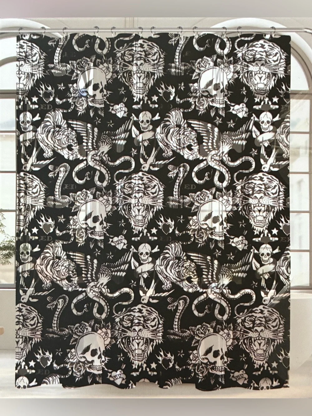 Ed Hardy Black & Gray Skulls Printed Shower Curtain / Liner